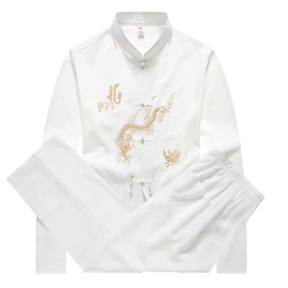 

Loldeal Men's Long Sleeve Embroidered Dragon Shirt Pants Chinese Traditional Wenhua Ling Kung Fu Set Taiji Tang Set