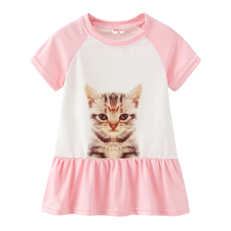 Summer Casual Cat Cartoon Printed Baby Princess Girls Short-Sleeved Dress Pink Patchwork Girls Clothes For 2-7 Years Old