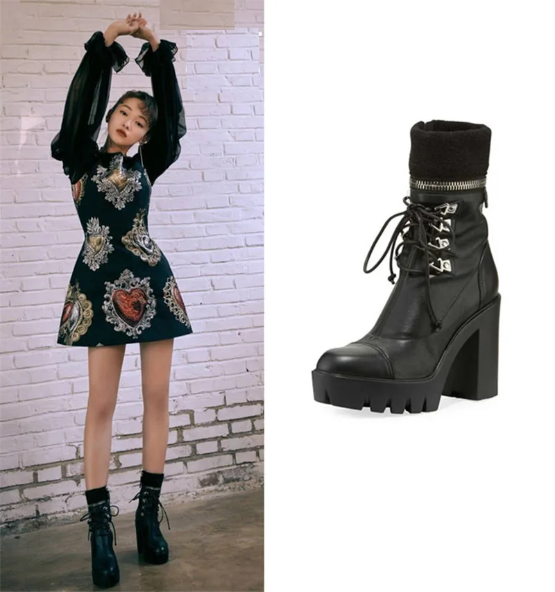 Chic Women Martin Boots British Black Platform Ankle Boots Waterproof  Punks Women's Motorcycle Boots Super High Heel Lady Shoes (6)