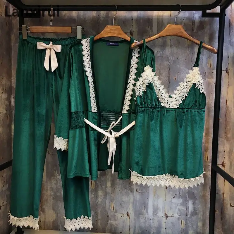 

New Autumn Winter Lace Spliced Pajamas Women V -Neck Sexy Lingerie Sets Lace -Up Sleepwear Velvet Nightwear Thick Home Clothes