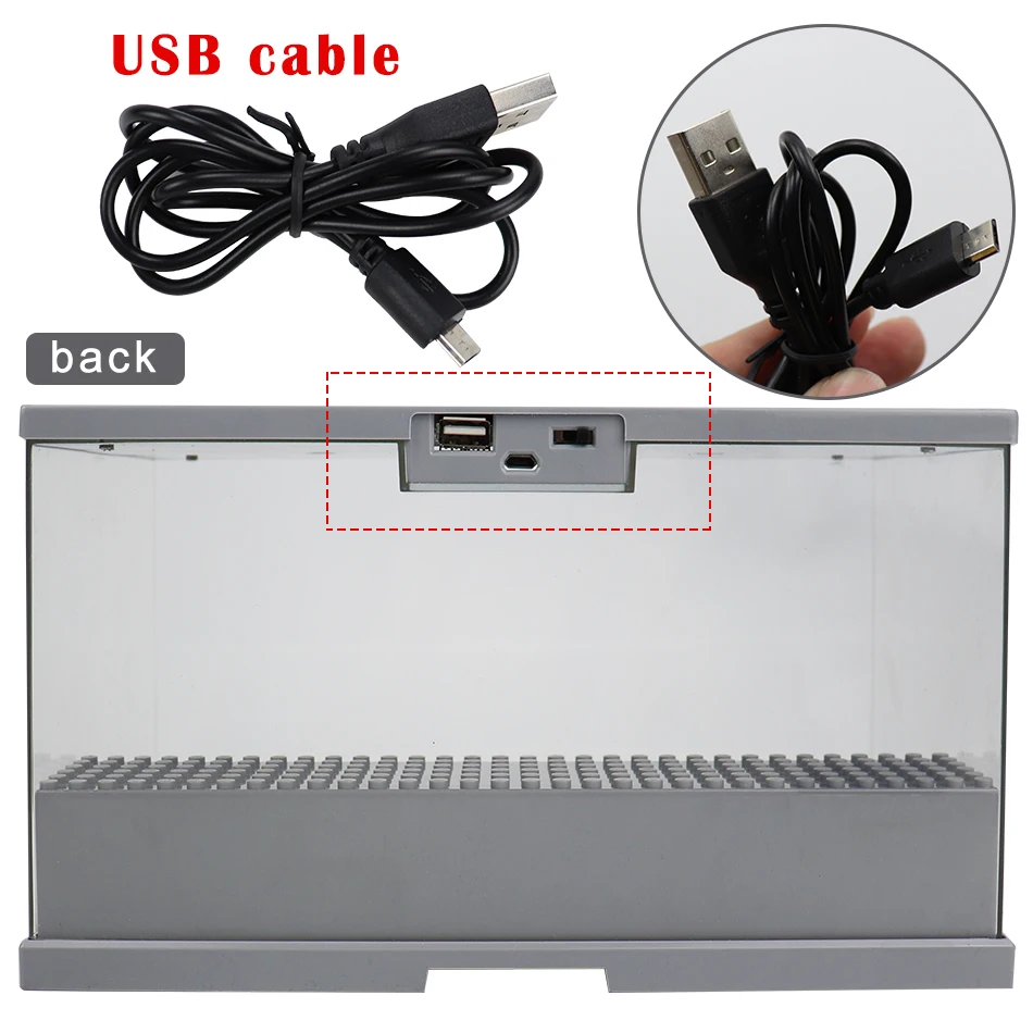 3 pasos LED luz USB Cable acrílico antipolvo tablero figuras de acción caja de exhibición bloques d