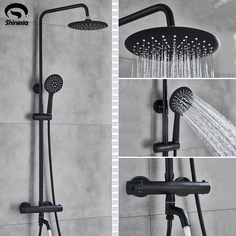 Shinesia Matte Black Thermostatic Shower Faucet Set Wall Mount