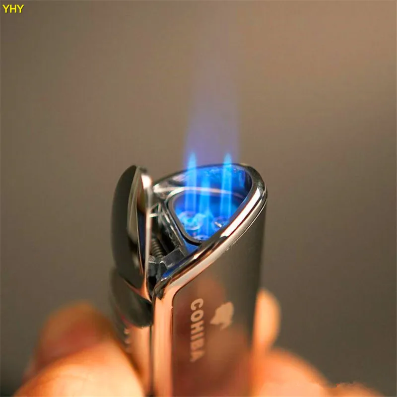 New Arrival Wholesale COHIBA Accessories Pocket Quality Metal Snake Mouth Shape Butane Gas Windproof 3 Torch Jet Flame Lighter W Punch05