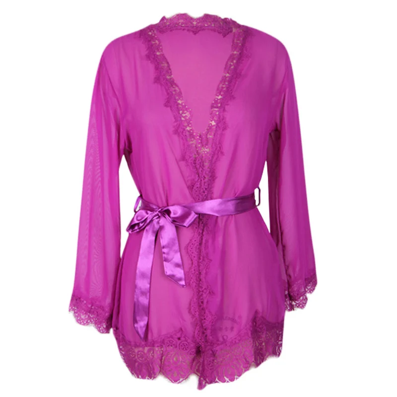 Женская пижама набор ресниц кружевной халат Прозрачная сетка кимоно пеньюар сексуальное нижнее белье W729 - Цвет: Фиолетовый