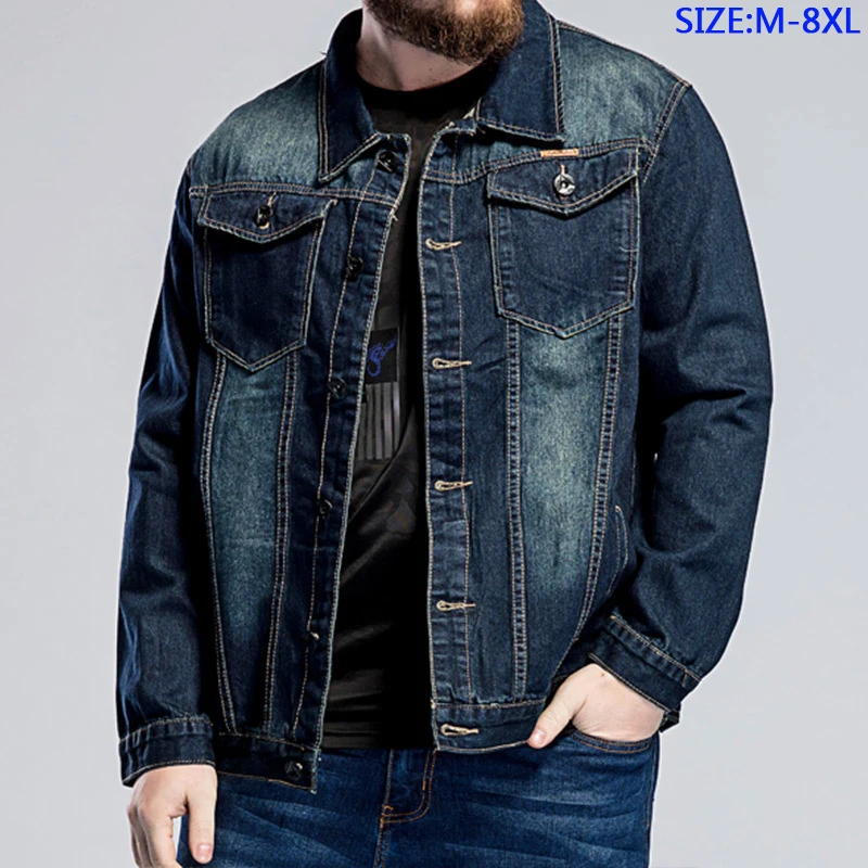 

Men's Denim Jacket 87% Cotton Super Large Casual Loose Fashion Autumn Blue Porket thick Long Sleeve Button Size M-7XL 8X