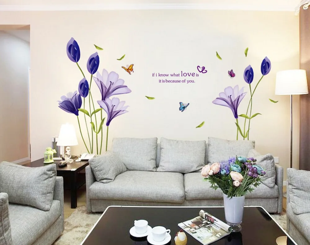 New Fashion Purple Tulips Flowers Wall Stickers For Living Room DIY 3d Wall Sticker Home Decor adesivo de parede