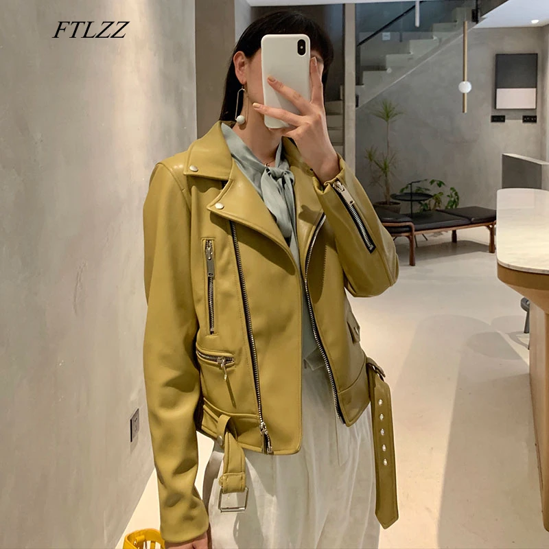 

FTLZZ Pu Leather Jacket Women Spring Autumn Turn-down Collar Zippers Faux Soft Leather Basic Jacket High Quality Street Outwear