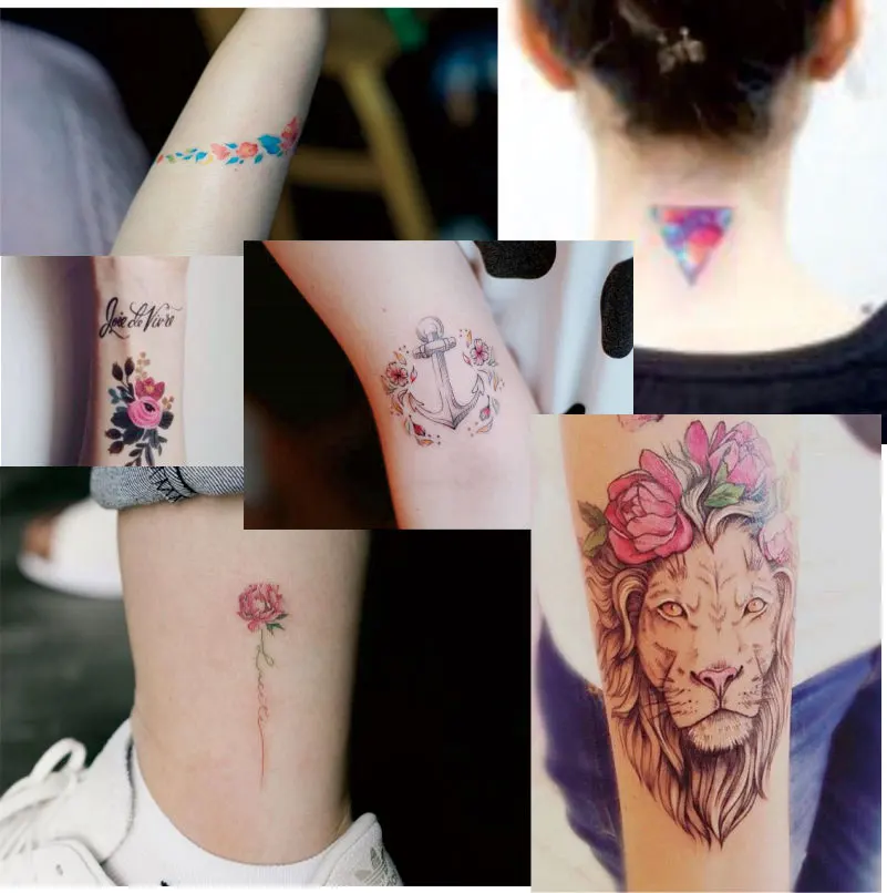 W03 1 Pièce Couronne De Fleur Lion Sur Bras Tatouage Temporaire Avec Lavande Triangle De Ballon Guirlande De Marguerite Motif Art Corporel