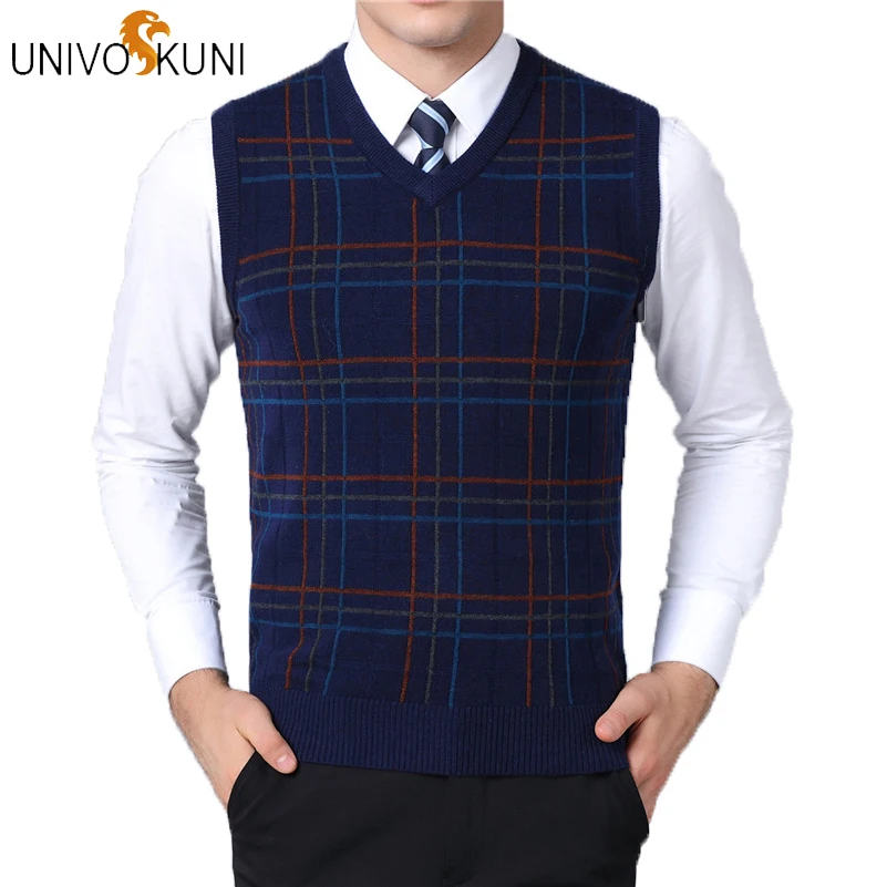 UNIVOS KUNI 2019 Autumn New Fashion Casual Slim Men Sweaters Vest Plaid Men's Pullover свитер Plus Size 4XL J308 | Мужская