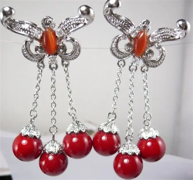 

hot sell new fine design 3 red coral shell pearl beads earrings Silver Water drop zircon gem Onxy stone 925 silver Fine Jewelry