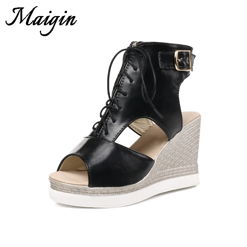 Maigin Summer Women Wedges Shoes Peep Toe Lace Up Ladies Sandals  Ladies Shoes 2018 New Slingback High Heels Platform Sandals
