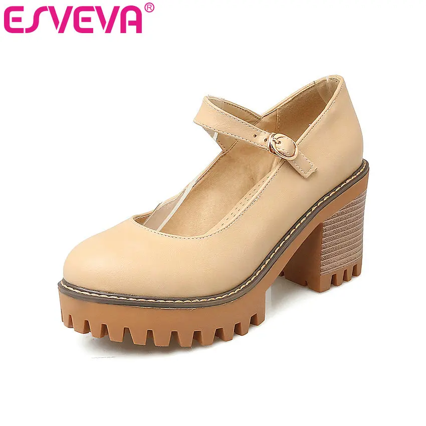 

ESVEVA 2017 Women Pumps Square High Heel PU T-strap Round Toe Platform Summer Spring Women Shoes Ladies Dating Shoes Size 34-43