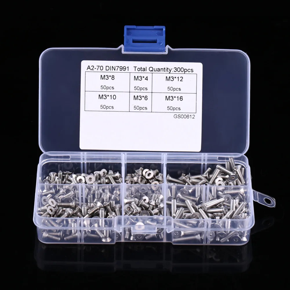 

300pcs/Set M3 Screws Hex Socket Flat Head Chicago Screw Stainless Steel SS304 Screw Bolts Assortment In Box Parafuso