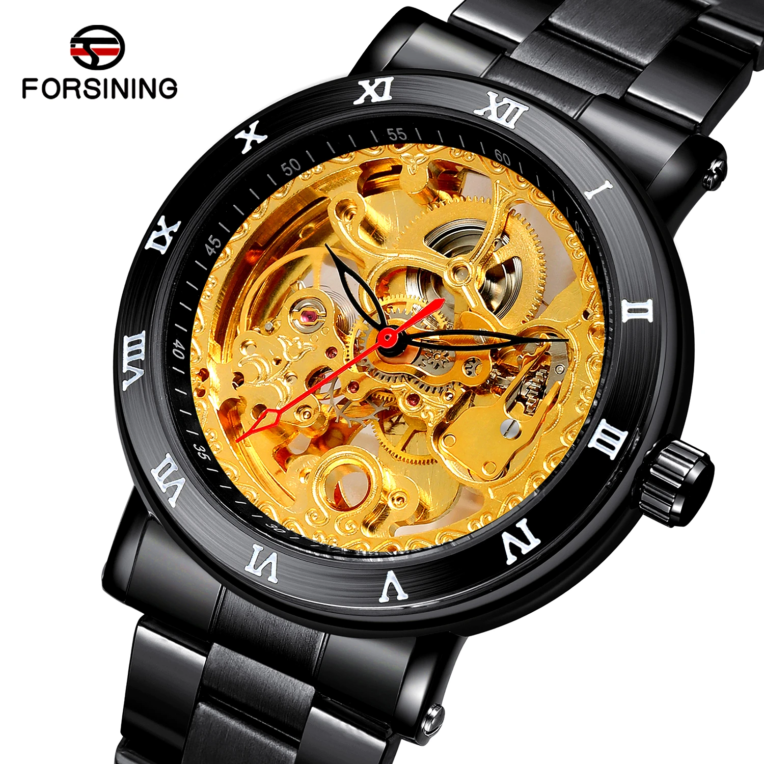 

Forsining Retro Flower Black Gold Skeleton Stainless Steel Men Automatic Watch Self-wind Mechanical Clock