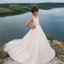 Белые платья цвета слоновой кости с цветочным узором для девочек; пышные платья из тюля без рукавов с кружевной аппликацией; платья для первого причастия, дня рождения, выпускного вечера