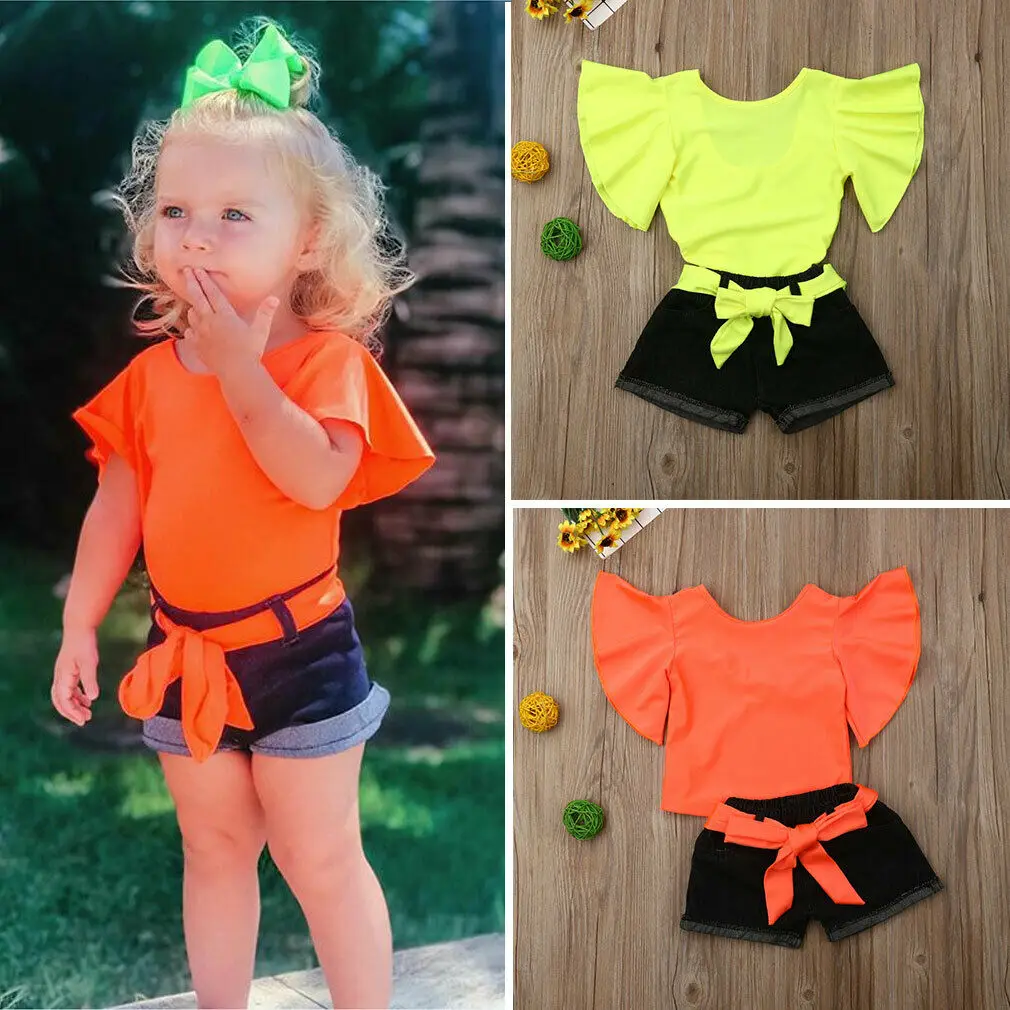 

2019 Brand New Newborn Girl Kid Pagoda Sleeve Ruffle Tops+Jeans Shorts Cotton Outfit Set Summer Clothes 1-6Y