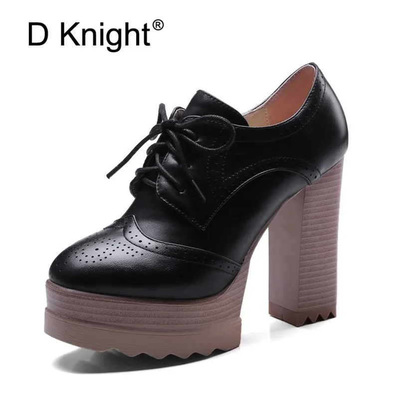 

2019 Spring Fashion Women Pumps Platform Heels Rubber Sole Black Lady Casual Brogue Shoes PU Leather Lacing High Heels Footwear