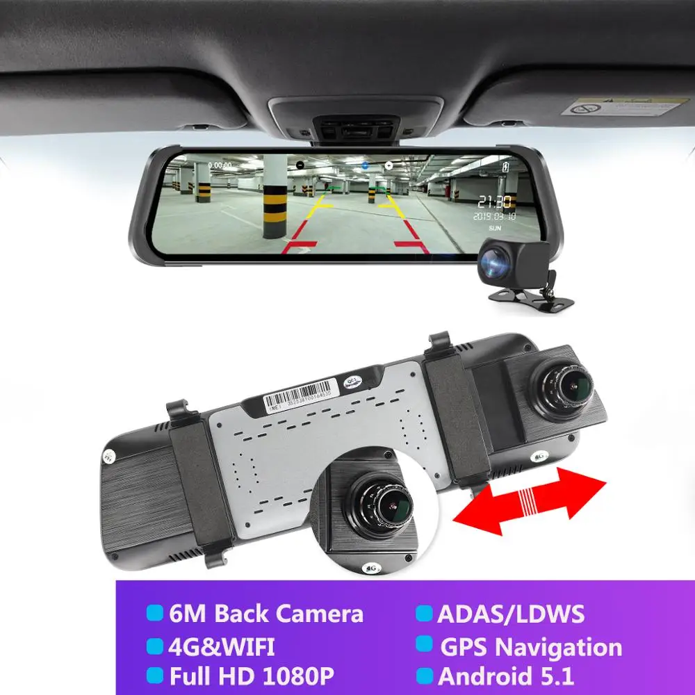 

10" IPS 4G car dvrs Android mirror with rear view camera ADAS Bluetooth GPS WIFI 1080p camara automovil Streaming mirror DVR