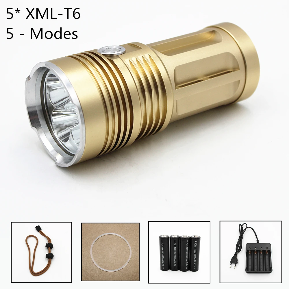 

High Bright 5000LM 5 x CREE XM-L T6 LED Flashlight 5 Modes Torch Camping Light Lamp 4 x 18650 batteries AC Charger