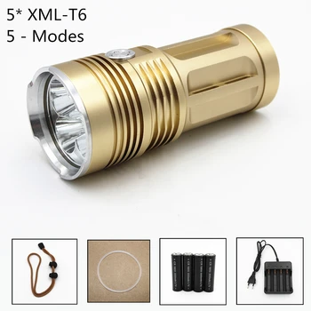 

High Bright 5000LM 5 x XM-L T6 LED Flashlight 3 Modes Torch Camping Light Lamp 4 x 18650 batteries AC Charger