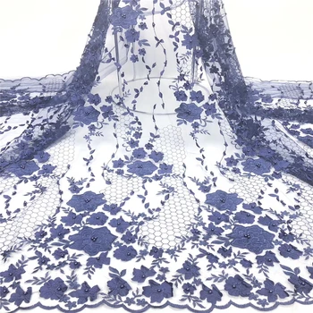 

Tollola BLUE New African Lace Fabric,2019 Embroidered Beads Nigerian Laces Fabric, Blue High Quality French Tulle Lace Fabric