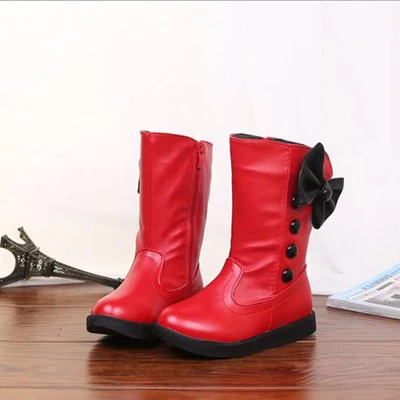 Кожаные сапоги до середины икры для девочек; Chaussure Enfant; детские ботинки; зимняя обувь для мальчиков и девочек; детские резиновые сапоги из искусственной кожи для детей 5-15 лет - Цвет: Red