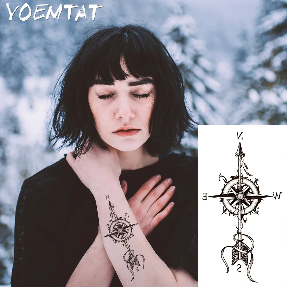 

1PC Compass Arrows Hot Black White Large Flower Henna Temporary Tattoo Black Mehndi Style Waterproof Tattoo Sticker