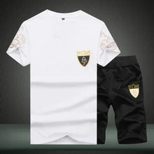 Спортивный костюм с коротким топом Мужская спортивная одежда Комплект сплошной цвет v-образным вырезом Vogue мужская одежда хорошая эластичная талия Половина треники повседневный хлопок 6XL