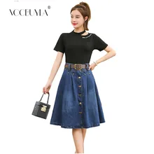 Voobuyla джинсовая юбка с высокой талией плиссированные юбки женские Лето одна кнопка ремень синяя джинсовая юбка и черная футболка комплект из 2 предметов