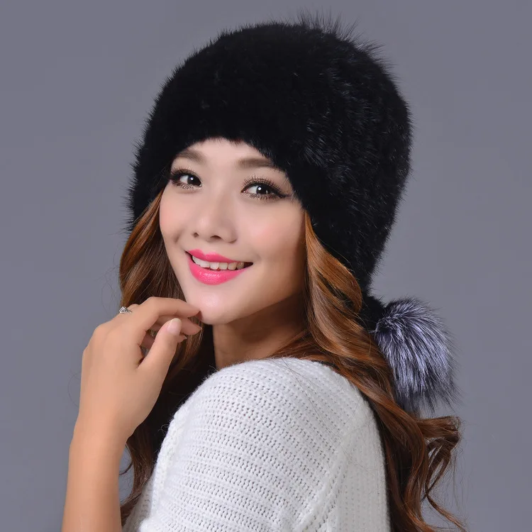 

2019 Real Mink Fur Hat For Women Winter Knitted Mink Fur Cap With with silver fox fur ball cap Free shipping TBWA120