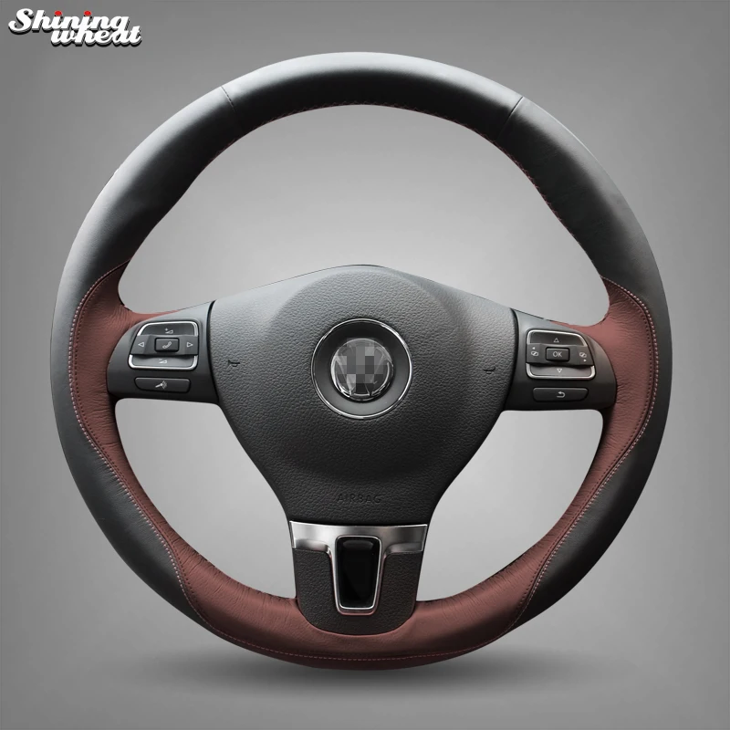 BANNIS Black Leather Chocolate Steering Wheel Cover for Volkswagen