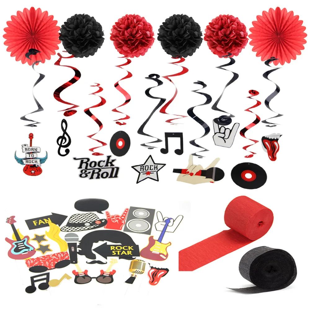 

10pcs Rock Party Decoration Kit Rockstar Photo Booth Props Rock n' Roll Swirl Hanging Decor Birthday Wedding Party Supplies