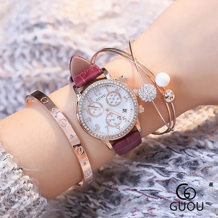 

New Fashion GUOU Brand Diamond Crystal Japanese Core Quartz Wrist Watches Clock Gift for Women Ladies Female 8057