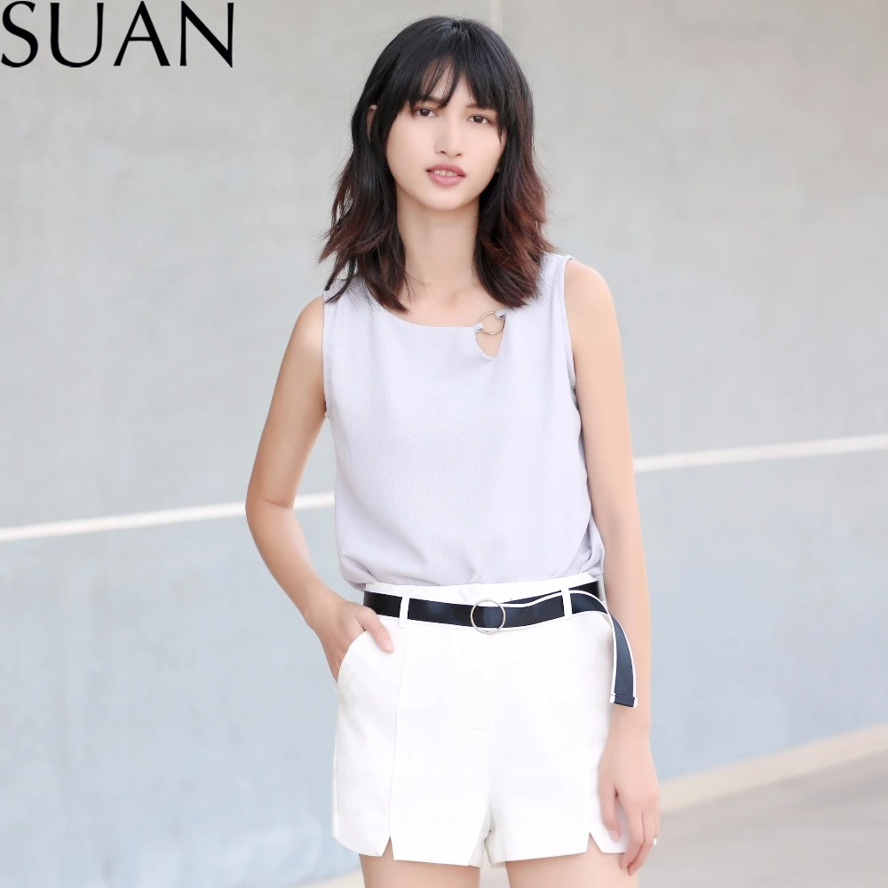 Suan 2018 moda mujer gasa Blusas mujeres bonitas con pequeño anillo en Blusas y camisas sin mangas 2356|women chiffon blouse|chiffon blouseblouse fashion -