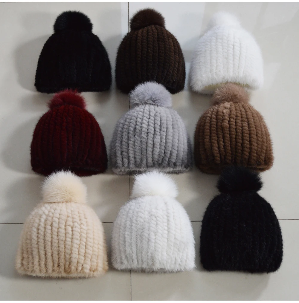 Lovely Real Mink Fur Hat Women Winter Knitted Real Mink Fur Beanies Hats With Fox Fur Pom Poms New Thick Real Mink Fur Cap