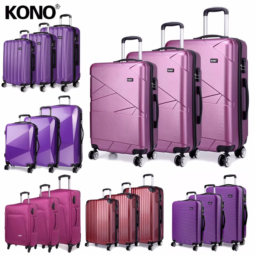 

3-8 Days to Deliver KONO 3pcs Purple Rolling Hand Luggage Suitcase Set Travel Trolley Case Bag 4 Wheels Spinner 20 24 28 Inch
