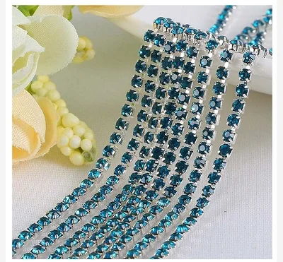 1yard/piece 30colors glass crystal Rhinestone Chain,silver bottom sew on Cup Chains For diy Garment Bags decorations Peacock blue