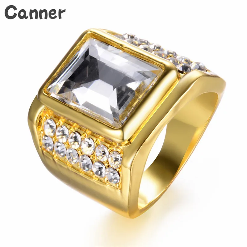 

Canner Luxury Gold Big Square Rings For Men Big Rhinestone Stainless Steel Engagement Ring Women Jewelry