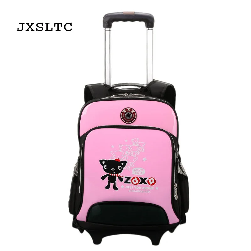 

JXSLTC 2018 New Boys Trolley School Bags Waterproof PU Leather Backpack For Children Purple Girls Remoable Wheeled Mochila