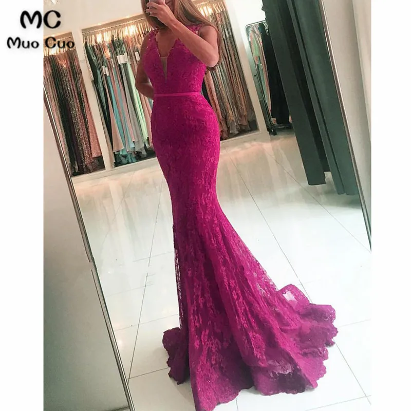 Elegant V Neck Long Lace Mermaid Evening Dresses7