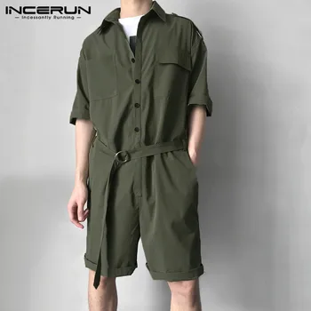

INCERUN Men Cargo Overalls With Belt Half Sleeve Shorts Jumpsuit Solid Rompers Fashion Casual Playsuit Men Streetwear Harajuku