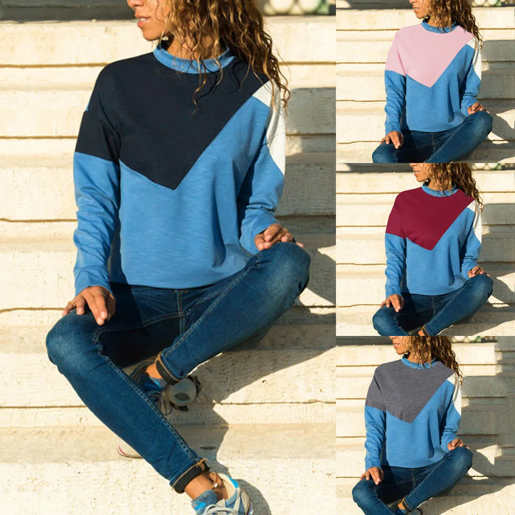 

2019 New Women Casual Stitching Sweatshirts Shirt Long Sleevel Tops Blouse Sweatshirt ladies spring pullover streetwear