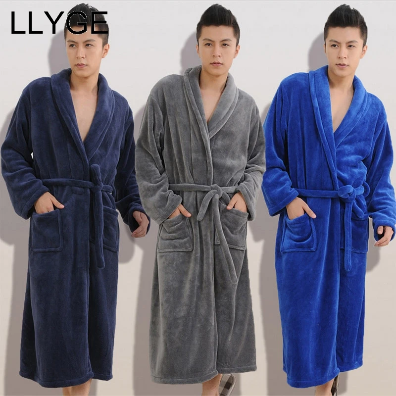 

LLYGE Men's Flannel Coral Velvet Bathrobe Long Sleeve Black Red Warm Thick Nightgown Men 2019 Autumn Unisex Nightie Dropshipping