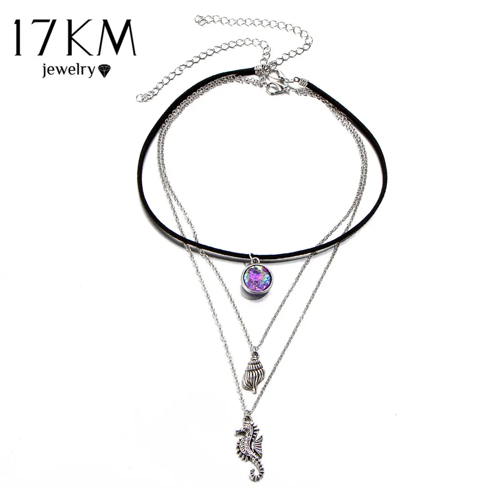17 KM Boho Multi Layer Hipocampo Colares Longos Do Vintage Bijoux Oceano Colares de Amizade para As Mulheres de Verão 2017 de Couro