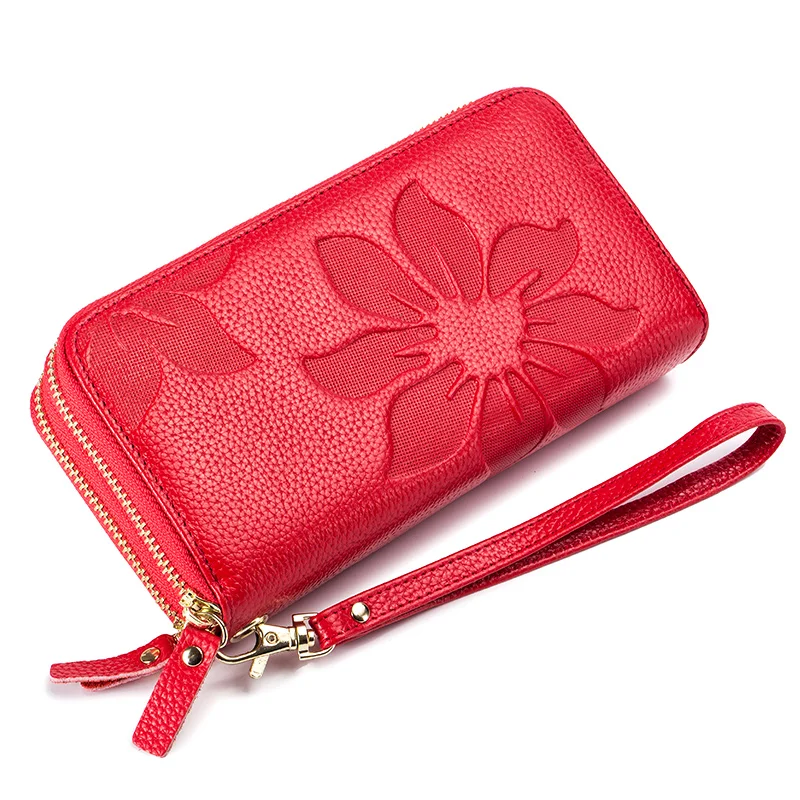 2019 Genuine Leather Double Zipper Long Wallet for Women Coin Purse Floral Embossed Female ...