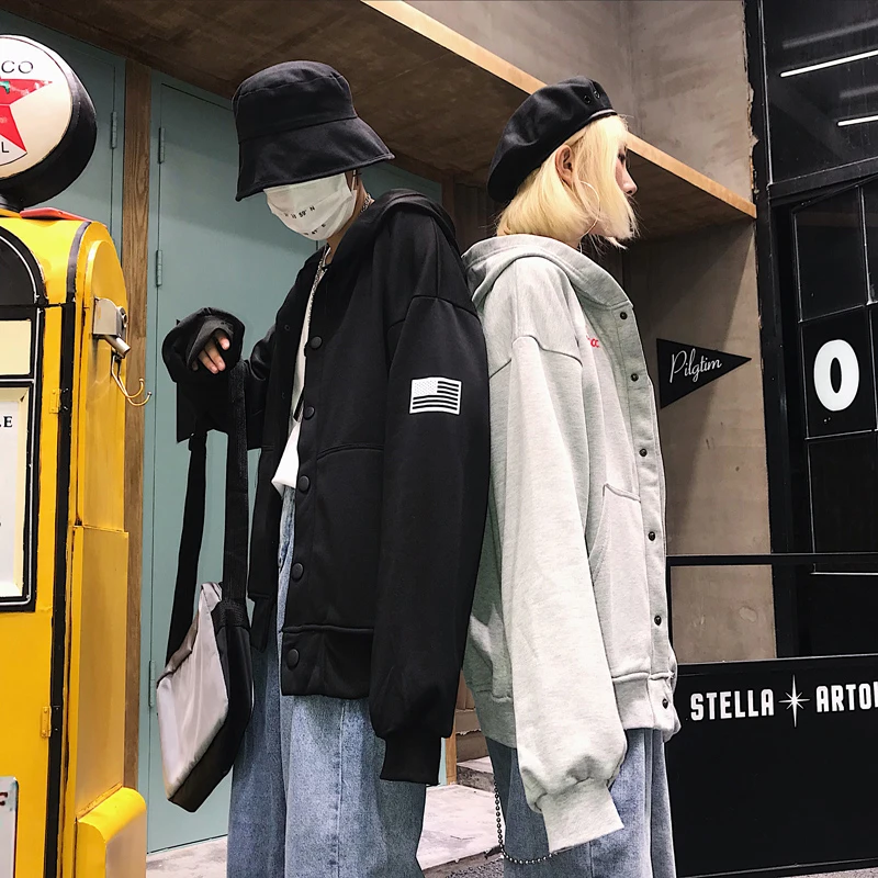 Женская куртка с капюшоном Cheersolo Harajuku Черная карманами и пуговицами на осень