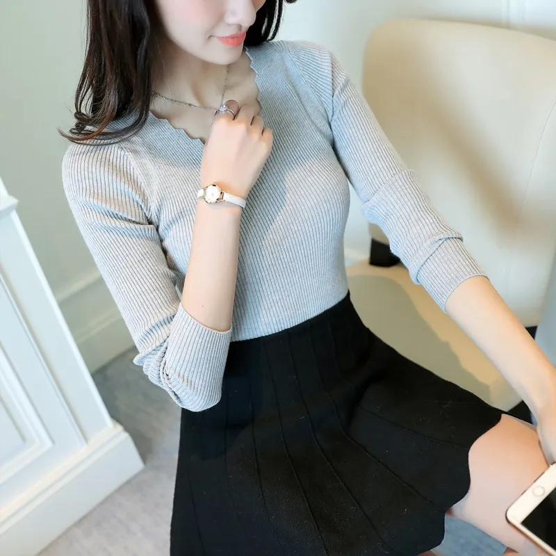Autumn Women's Thin Knit Sweater Casual Solid Color Slim V Neck Long Sleeved Sweater Female Pullovers Sweaters 2019 Fashion