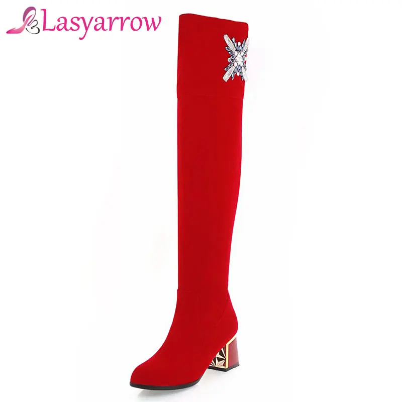 

Lasyarrow Thigh High Long Boots Female Wedding Shoes Black Red Rhinestone Ladies Footwear Autumn Winter Over the Knee Boot Woman