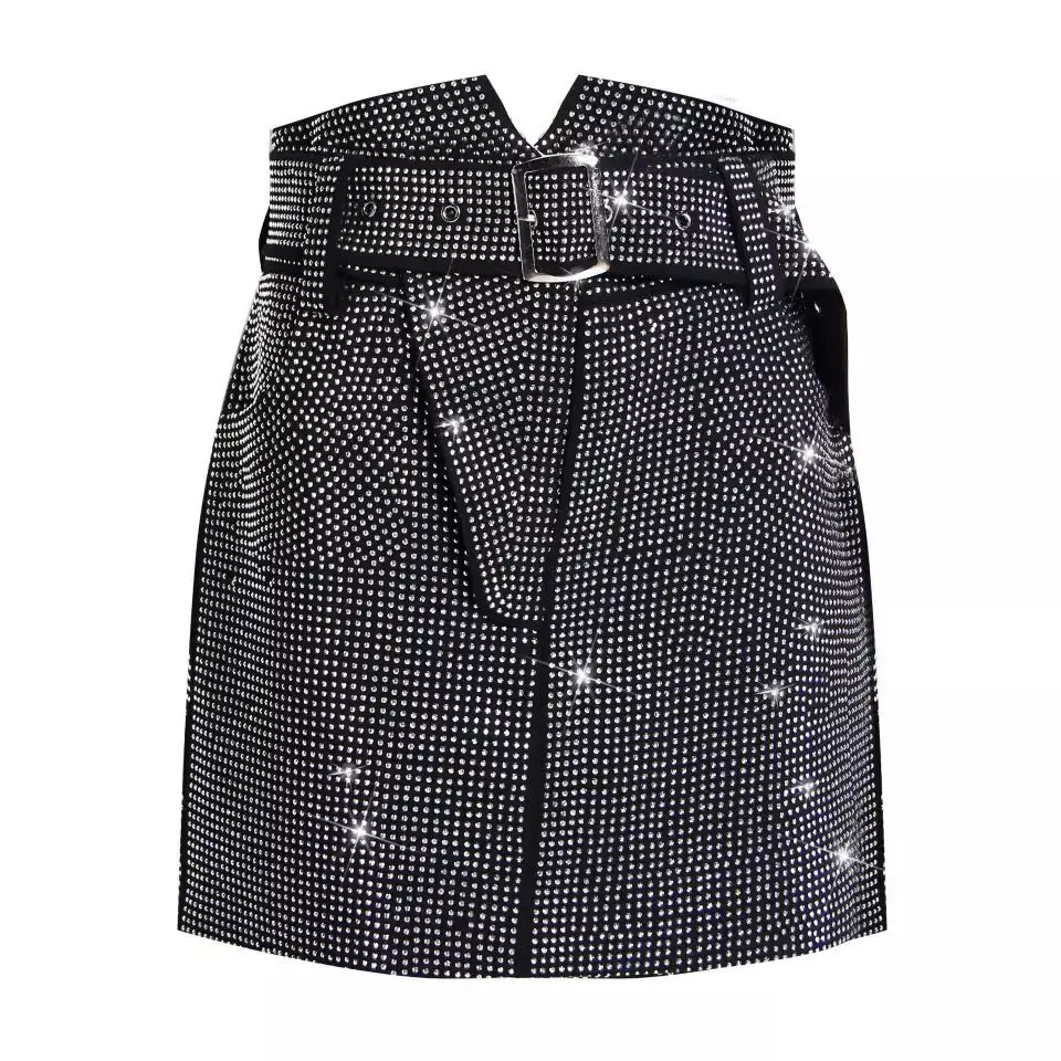 

2019 Women's Cropped metal-stamped crystal-embellished blingin' rhinestone Sparkle Sequined diamonte Mini Skirt with Belt