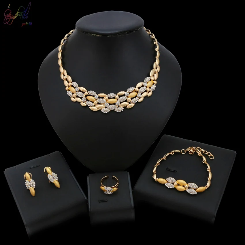 

Yulaili 2018 Latest New Arrival Big Costume Gold Color Crystal Cover Four Pcs Jewelry Set For Women